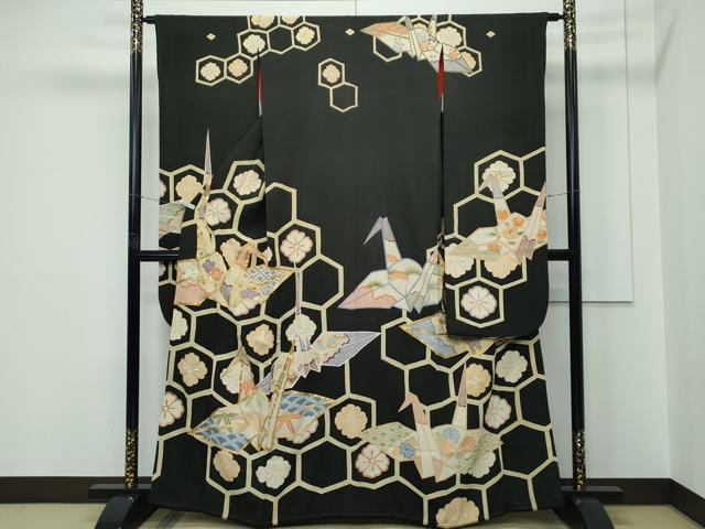平和屋本店●極上 アンティーク 大正ロマン 振袖 駒刺繍 松竹梅折鶴花文 黒地 金銀糸 逸品 CZAA5518s6
