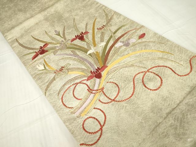 平和屋着物▼太鼓柄袋帯 駒刺繍 総刺繍 花束文 金糸 正絹 逸品 DABC3738az