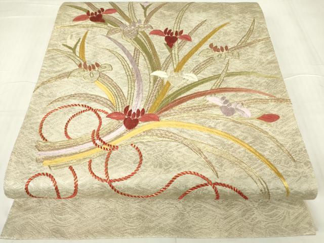 平和屋着物▼太鼓柄袋帯 駒刺繍 総刺繍 花束文 金糸 正絹 逸品 DABC3738az