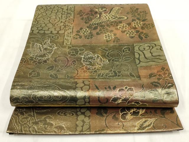 平和屋着物◎六通柄袋帯 ぶろんず 花鳥文 黒地 金糸 正絹 逸品 AABH1397wj