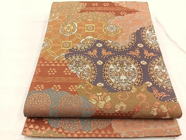 平和屋着物◎六通柄袋帯 唐織 向かい鳳凰花唐草文 金銀糸 正絹 逸品 BAAX0683hv