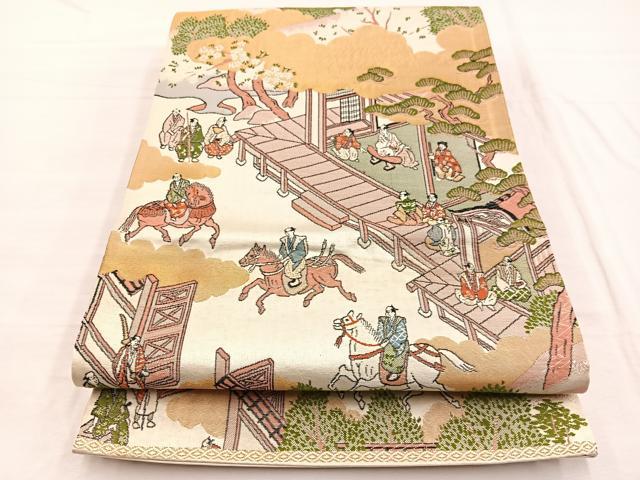 平和屋着物◎六通柄袋帯 唐織 乗馬風景文 金糸 正絹 逸品 BAAX0771hv