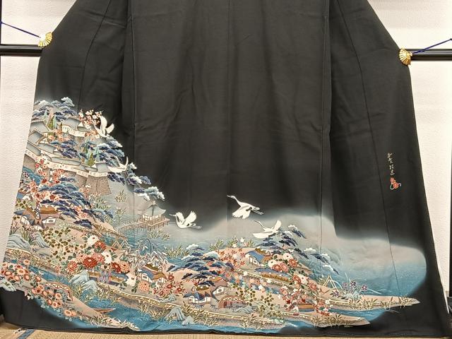 平和屋着物■豪華黒留袖 友禅 作家物 飛鶴風景文 暈し染め 正絹 逸品 BAAW7599hv