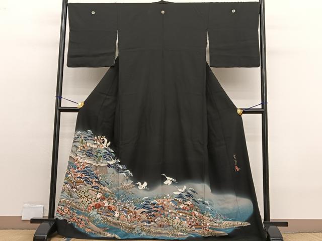 平和屋着物■豪華黒留袖 友禅 作家物 飛鶴風景文 暈し染め 正絹 逸品 BAAW7599hv