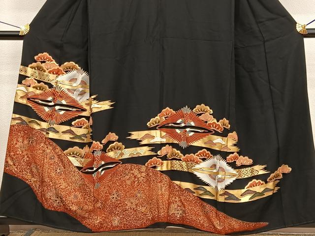 平和屋着物■豪華黒留袖 駒刺繍 双鶴松文 金彩 正絹 逸品 BAAW7859hv