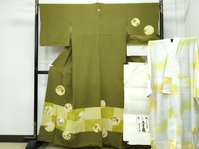 平和屋本店●極上 銀座 志ま亀 訪問着・長襦袢セット 市松草花丸文 璃寛茶色地 伊と幸 反端・たとう紙付き 逸品 未使用 CZAA5580s6