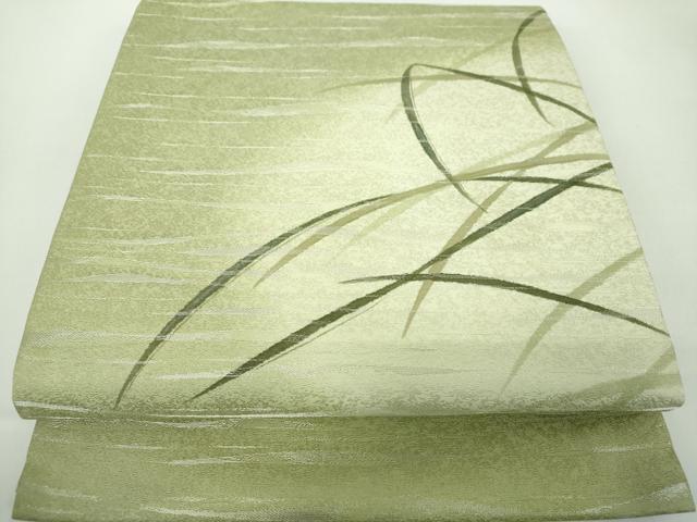 平和屋着物●九寸開き名古屋帯 作家物 手描き 芝文 銀通し地 正絹 逸品 DABD1782ps