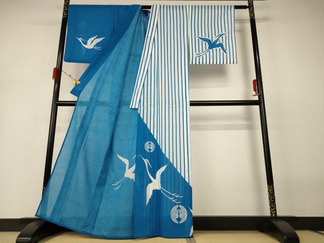 平和屋着物*夏物 訪問着 紗 舞鶴文 片身替わり 洗える着物 AABH3228jd