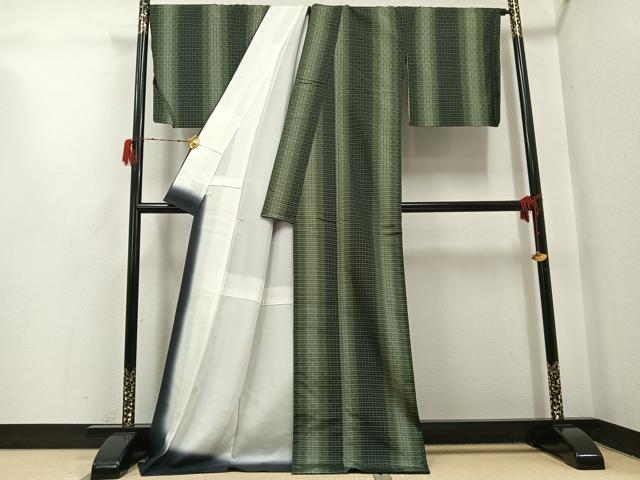 平和屋着物●花織 紬 格子 ロング丈 正絹 逸品 AABH3845ph