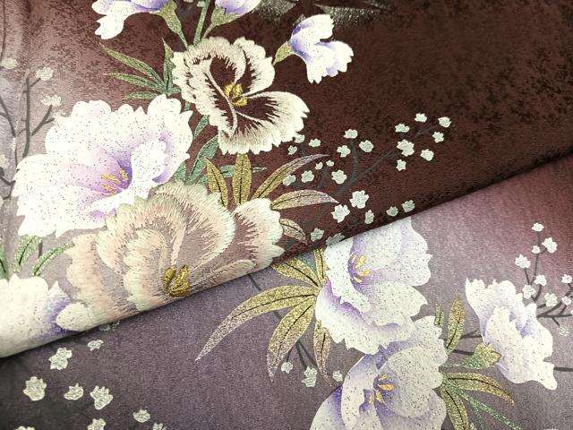 平和屋着物●訪問着 刺繍 草花文 暈し染め 濃色 金銀彩 正絹 逸品 AABH3869ph