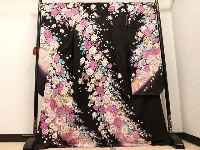 平和屋着物●豪華振袖 刺繍 舞花文 暈し染め 金彩 正絹 逸品 AABH3868ph
