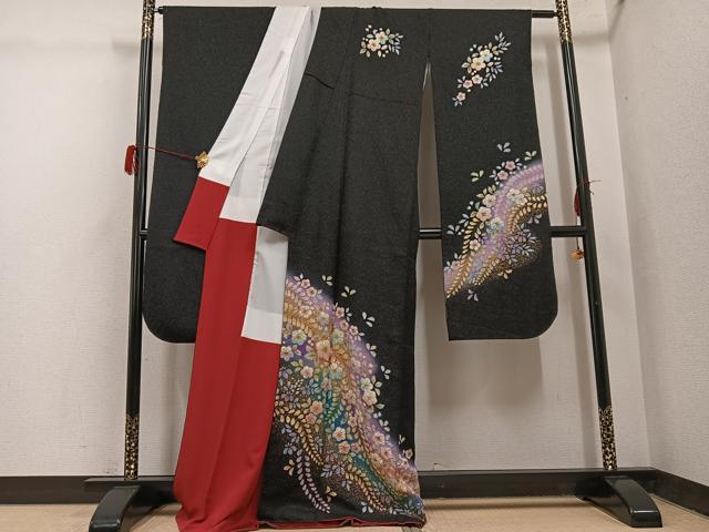 平和屋着物●豪華振袖 辻が花 絞り 暈し染め 黒地 金彩 金通し地 正絹 逸品 AABH3871ph