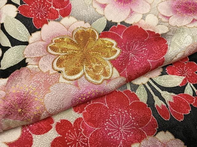 平和屋着物●豪華振袖 駒刺繍 夜桜 暈し染め 黒地 金彩 正絹 逸品 AABH3860ph