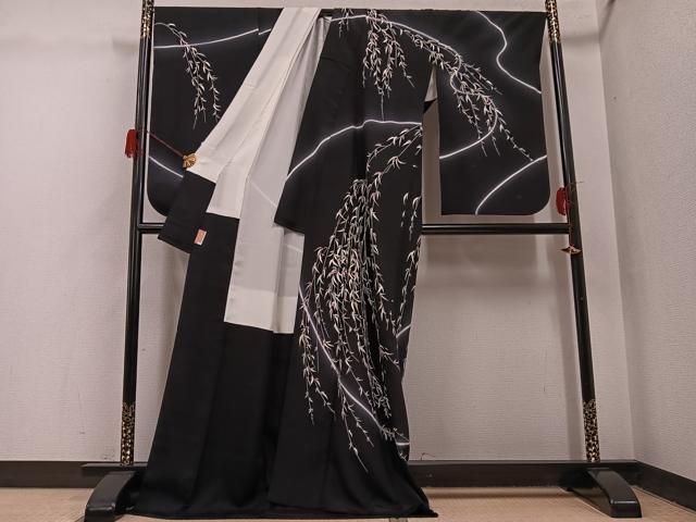 平和屋着物●小振袖 二尺袖 草木文 暈し染め 黒地 正絹 逸品 AABH3870ph