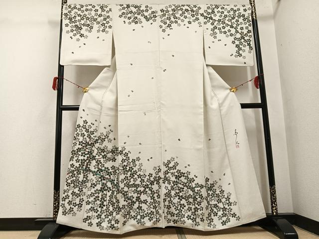 平和屋着物●友禅作家の巨匠 浅井青仁 訪問着 お召地 桜 金彩 正絹 逸品 AABH3853ph