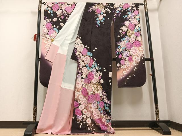 平和屋着物●豪華振袖 刺繍 舞花文 暈し染め 金彩 正絹 逸品 AABH3868ph
