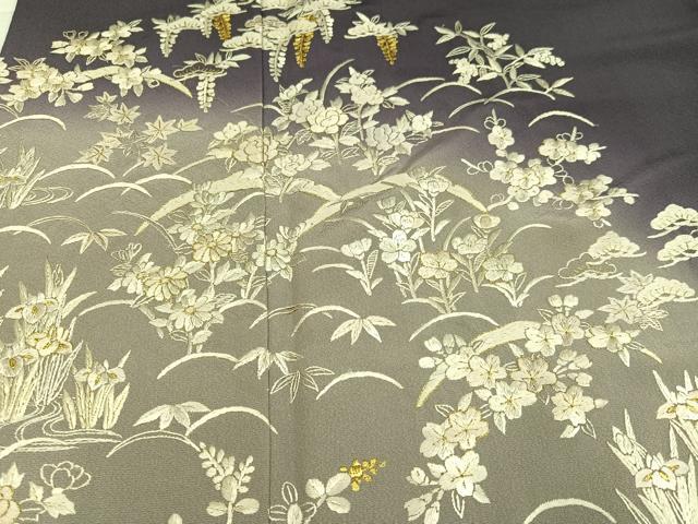平和屋着物●訪問着 総手刺繍 草花文 暈し染め 金糸 正絹 逸品 AABH3875ph