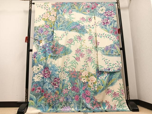 平和屋着物●豪華振袖 作家物 手描き 草花文 暈し染め ロング丈 正絹 逸品 AABH3867ph