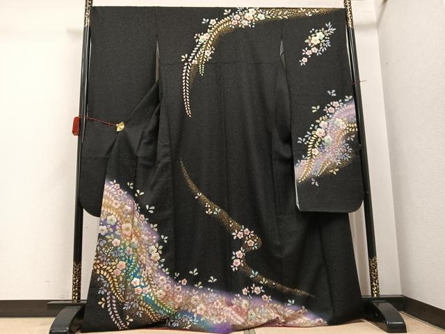 平和屋着物○豪華振袖 辻が花 絞り 暈し染め 黒地 金彩 金通し地
