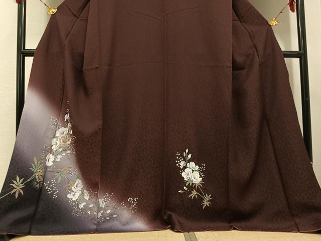 平和屋着物●訪問着 刺繍 草花文 暈し染め 濃色 金銀彩 正絹 逸品 AABH3869ph