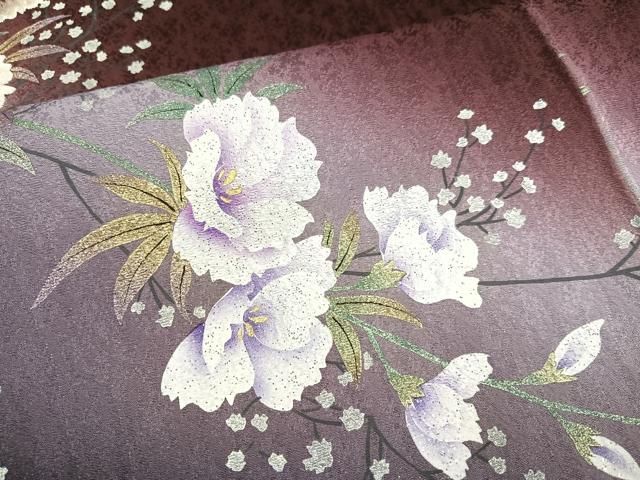 平和屋着物●訪問着 刺繍 草花文 暈し染め 濃色 金銀彩 正絹 逸品 AABH3869ph