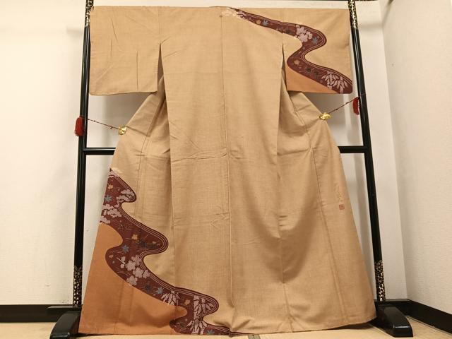 平和屋着物●皇室デザイナー 中村乃武夫 訪問着 紬地 流水草花文 正絹 逸品 AABH3879ph