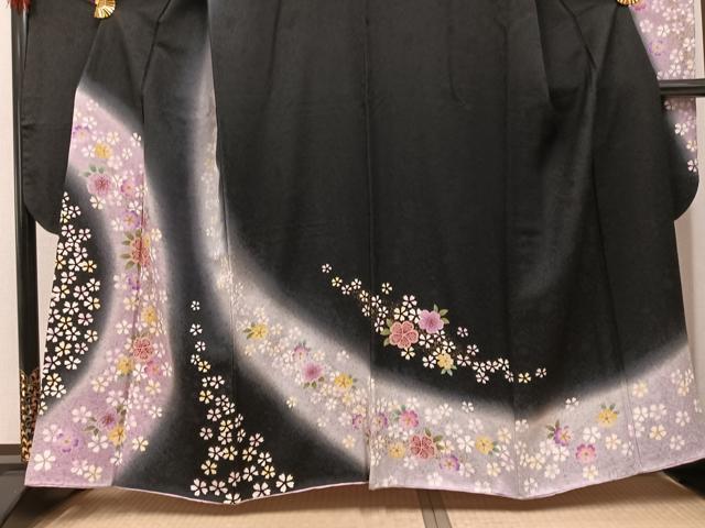 平和屋着物●豪華振袖 夜桜 暈し染め 黒地 金彩 正絹 逸品 AABH4058ph