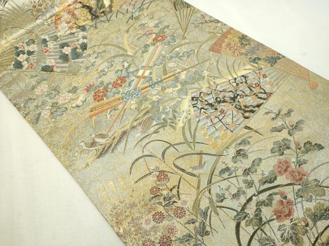 平和屋着物▼極上 西陣あさぎ 両面 全通全景柄丸袋帯 桃山扇面屏風文 壱仟八百口織 プラチナ箔 本金箔 正絹 24k 逸品 DABD3295sf