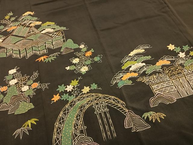 平和屋着物●創業130年 江戸染繍友禅 大彦 黒留袖 刺繍 風景文 金糸 金彩 高島屋扱い 正絹 逸品 AABH0829fy