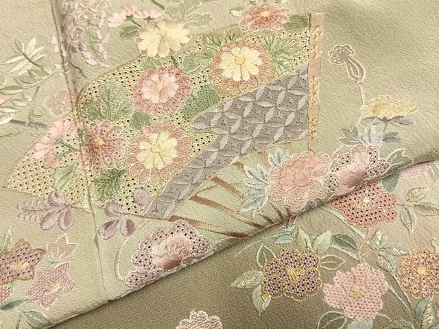 平和屋着物●中国三大刺繍 総刺繍 汕頭刺繍 スワトウ刺繍 訪問着 扇面花文 暈し染め 金彩 正絹 逸品 AABH0839fy