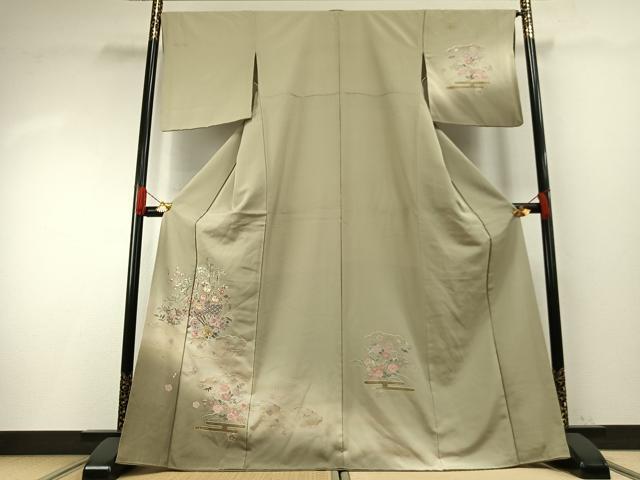 平和屋着物●中国三大刺繍 総刺繍 汕頭刺繍 スワトウ刺繍 訪問着 扇面花文 暈し染め 金彩 正絹 逸品 AABH0839fy