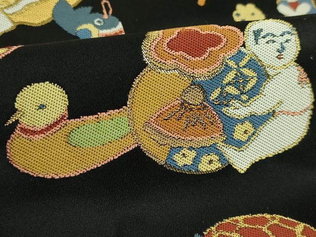 平和屋着物●極上 六通柄袋帯 玩具文様 黒地 金糸 逸品 DZAB5977kh6