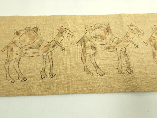 平和屋着物●極上 九寸名古屋帯 紬地 手描き ラクダ 綿 逸品 DZAB5998kh6