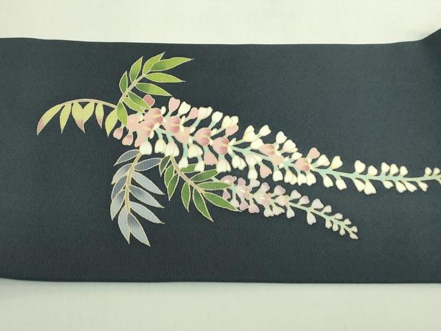 平和屋着物●極上 塩瀬 九寸名古屋帯 藤花房 錆鉄御納戸色地 逸品 未使用 DZAB5991kh6