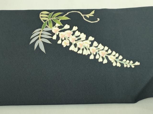 平和屋着物●極上 塩瀬 九寸名古屋帯 藤花房 錆鉄御納戸色地 逸品 未使用 DZAB5991kh6