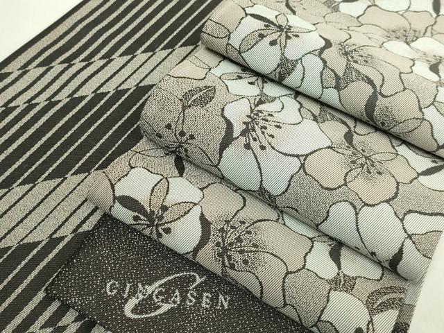 平和屋着物●極上 京都の名門ブランド 銀花仙 両面 半幅帯 花尽し 斜線文 逸品 DZAB6005kh6