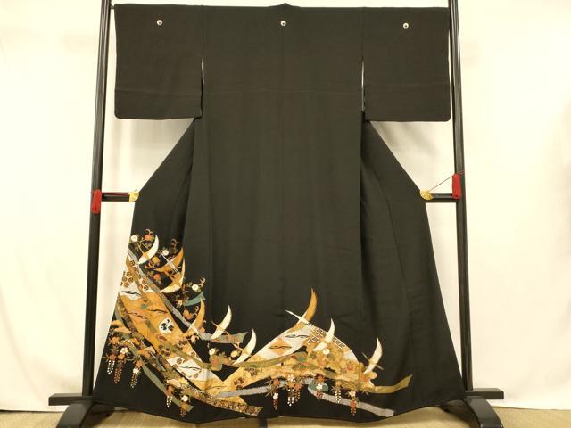 平和屋着物■豪華黒留袖 駒刺繍 飛鶴吉祥熨斗文 金銀彩 正絹 逸品 AABH4413fw