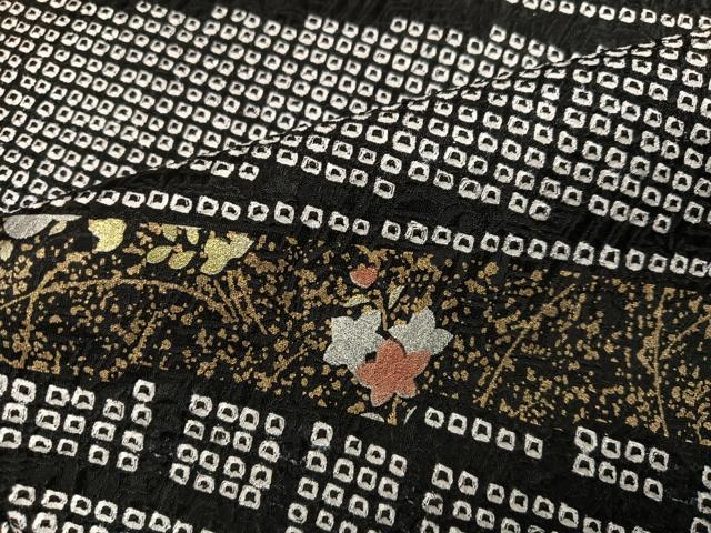 平和屋着物●訪問着 絞り 刺繍 草花文 黒地 金銀彩 三越扱い 正絹 逸品 AABH4097ph