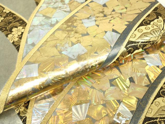 平和屋着物▼六通柄袋帯 箔散らし花蝶文 金銀彩 引箔 正絹 逸品 DABC3877az