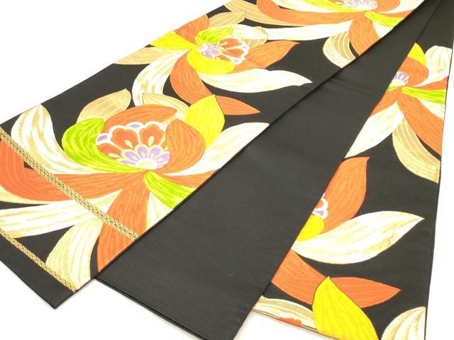 平和屋着物◎六通柄袋帯 唐織 舞花文 黒地 金糸 正絹 逸品 CABF0062vf
