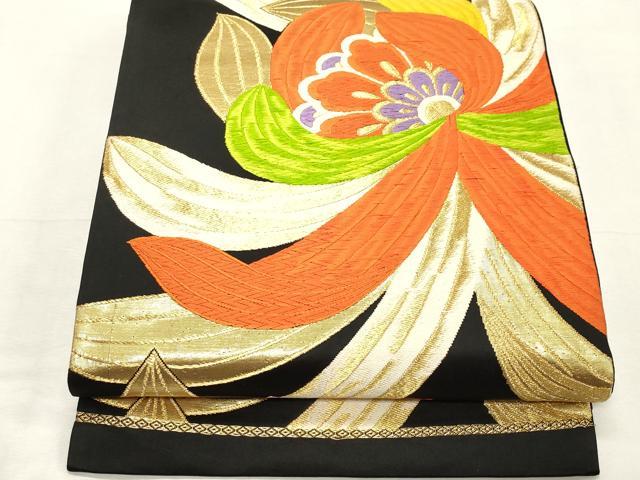 平和屋着物◎六通柄袋帯 唐織 舞花文 黒地 金糸 正絹 逸品 CABF0062vf
