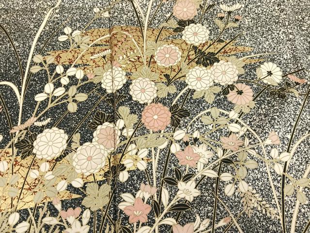 平和屋着物●訪問着 草花文 たたき染め 黒地 金彩 正絹 逸品 AABH4141ph