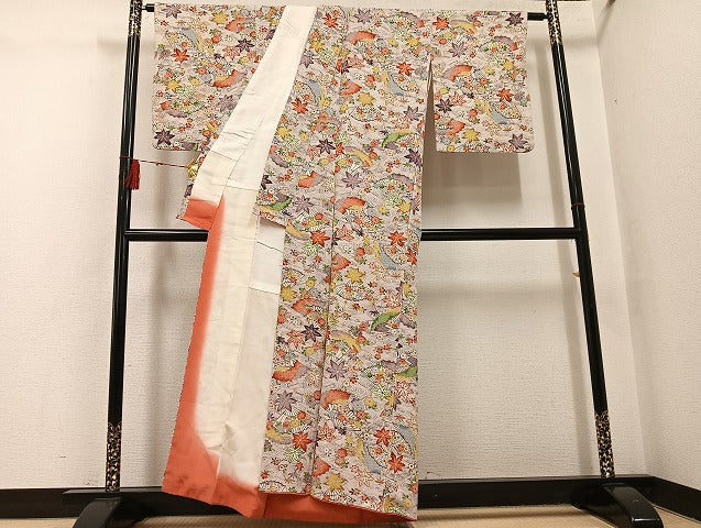 平和屋着物●上質な小紋 型染め 扇面草花文 正絹 逸品 AABH4163ph