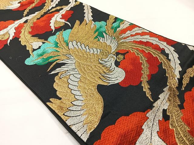 平和屋着物◎六通柄袋帯 唐織 鳳凰文 黒地 金銀糸 正絹 逸品 AABH5435uk
