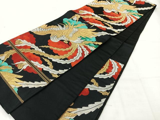 平和屋着物◎六通柄袋帯 唐織 鳳凰文 黒地 金銀糸 正絹 逸品 AABH5435uk