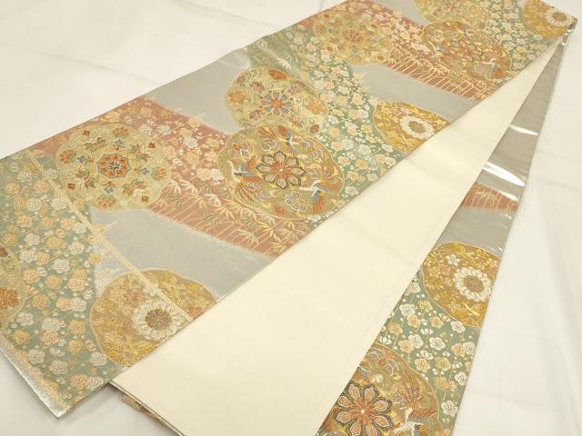 平和屋着物▼六通柄袋帯 瑞祥 花鳥丸文 金銀糸 正絹 逸品 AABH1622wj