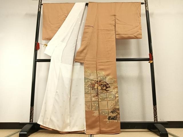 平和屋着物●豪華色留袖 作家物 龍谷 扇面花鳥文 金彩 正絹 逸品 AABH4652fy