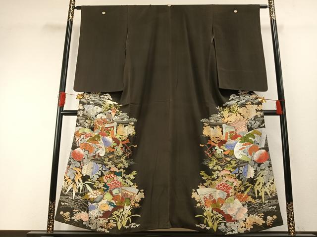 平和屋着物●アンティーク 大正ロマン 黒留袖 刺繍 地紙花文 金糸 金彩 正絹 逸品 AABH4654fy