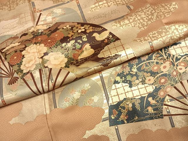 平和屋着物●豪華色留袖 作家物 龍谷 扇面花鳥文 金彩 正絹 逸品 AABH4652fy