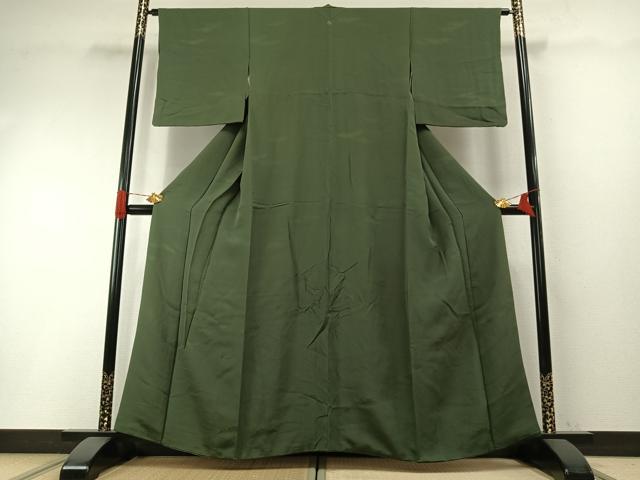 平和屋着物●上質な色無地 雪芝地紋 老竹色 正絹 逸品 AABH4666fy